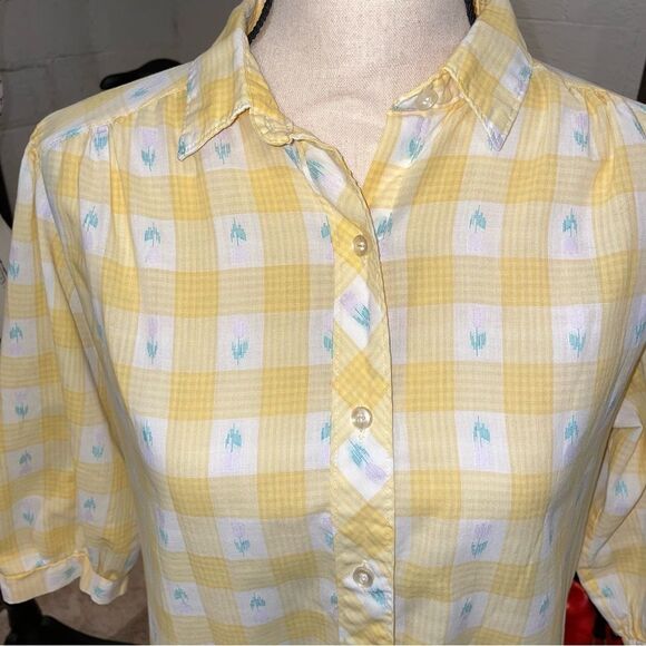 Cute vtg. Limoncello 🍋 80’s yellow windowpane plaid tulip blouse cheryl tiegs 🌼 - Picture 6 of 11